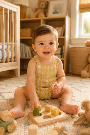 A cheerful baby sits on a patterned rug, wearing a yellow plaid linen romper. The child is engaged with a wooden shape sorter.