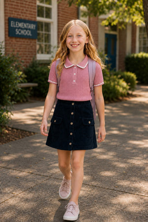 A young girl smiles while walking outdoors, wearing a pink organic cotton polo sweater with a Peter Pan collar and a navy skirt.