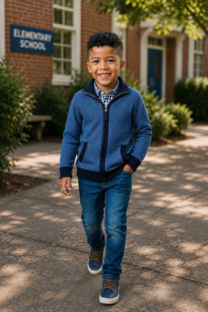 A young boy walks confidently in a blue mock neck sweater, paired with jeans and sneakers, in front of an elementary school.