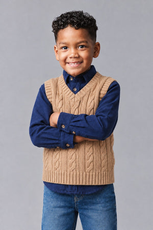 Organic Cotton Cable Sweater Vest, Camel, Sizes 2T-18