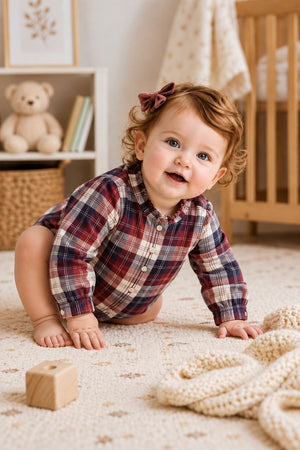 Organic Cotton Ruffle Collar Baby Shirt, Berry Tartan