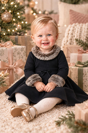 Organic Cotton Long Sleeve Ponte Baby Dress with Faux Fur, Black