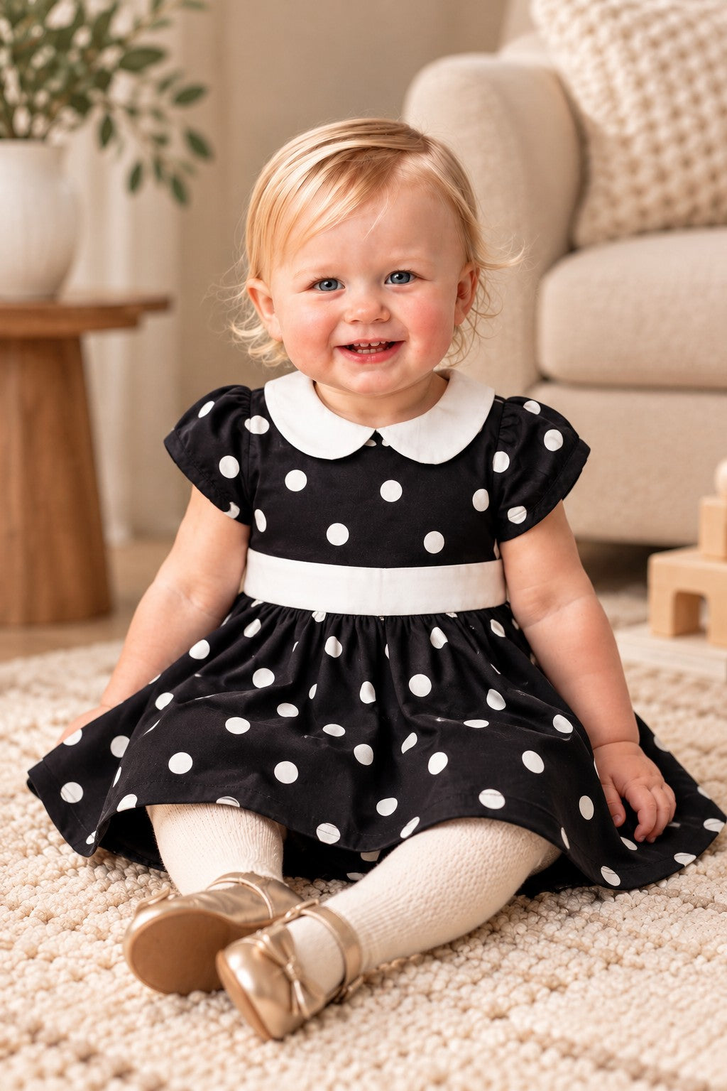 Organic Cotton Peter Pan Collar Party Baby Dress, Black Polka Dot