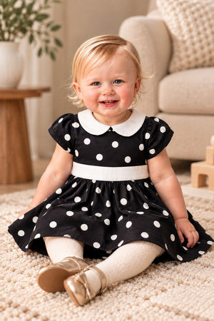 Organic Cotton Peter Pan Collar Party Baby Dress, Black Polka Dot