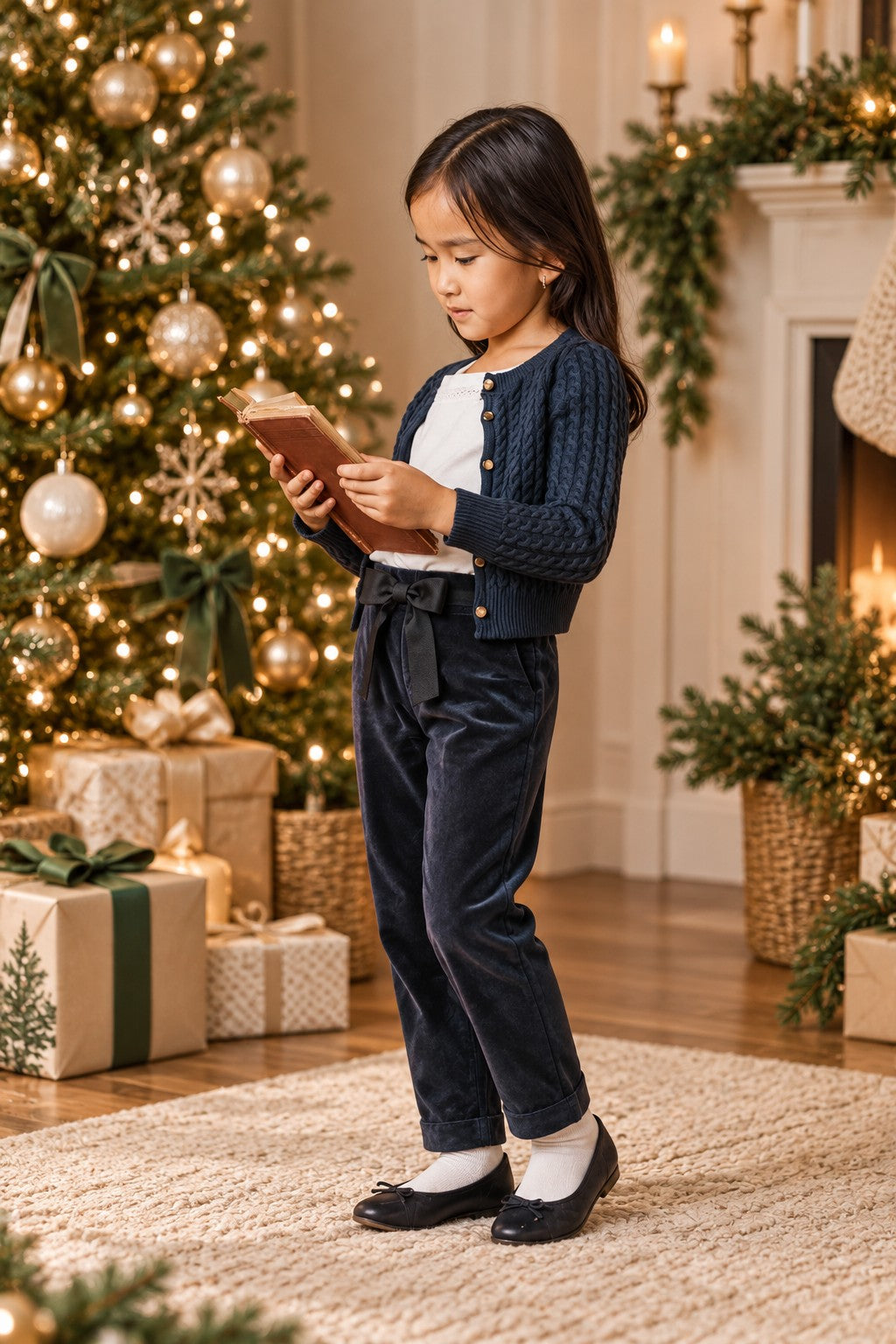 Organic Cotton Straight Dressy Pant with Bow, Black Velveteen, Toddler & Kids