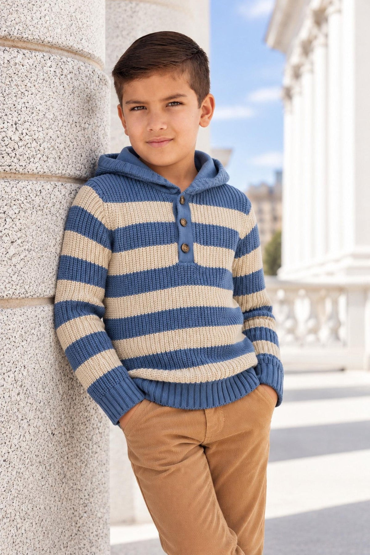 Organic Cotton Henley Sweater Hoodie, Blue and Natural Stripe, Sizes 2T-18
