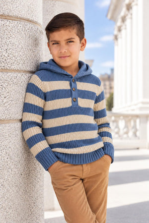 Organic Cotton Henley Sweater Hoodie, Blue and Natural Stripe, Sizes 2T-18