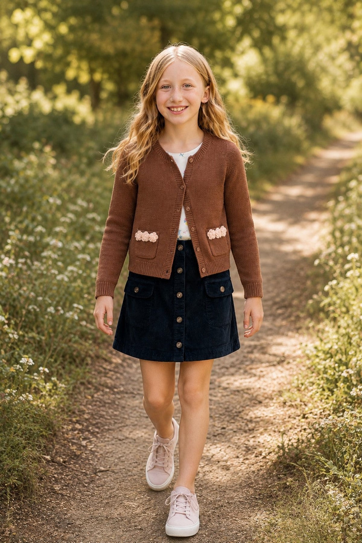 A young girl walks along a sunlit path, wearing a warm cinnamon cardigan with rosette pockets.