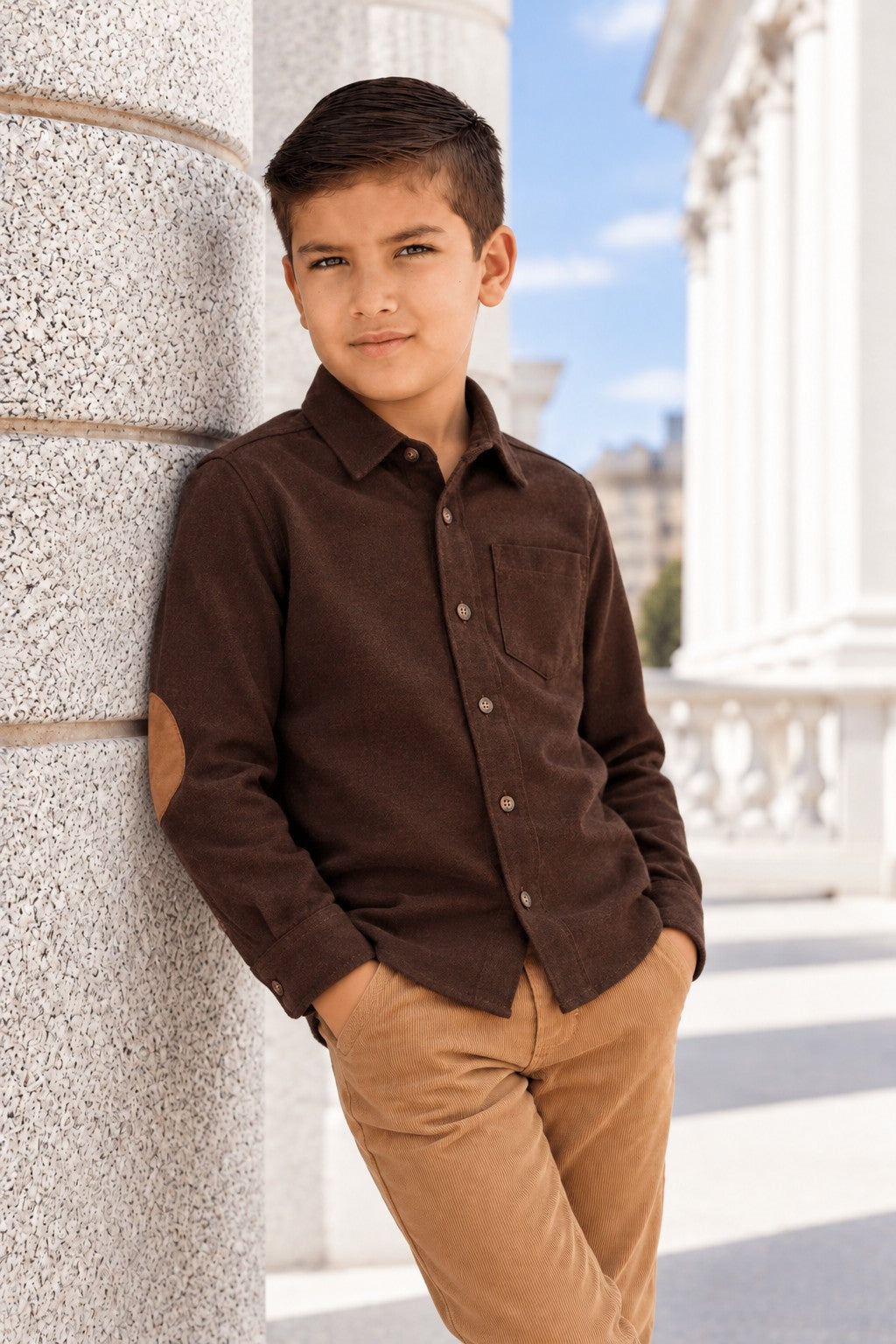 Organic Cotton Flannel Shirt with Elbow Patches, Brown, Size 2T-18