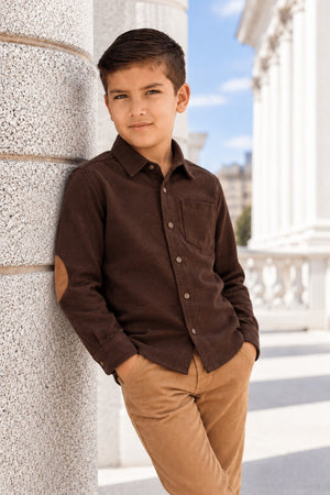 Organic Cotton Flannel Shirt with Elbow Patches, Brown, Size 2T-18