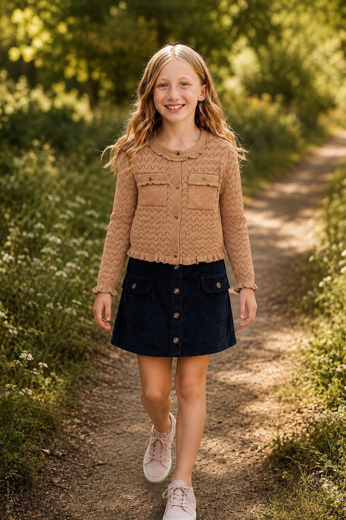 A smiling girl walks along a sunlit path, wearing a tan pointelle knit cardigan with ruffle trim and a navy skirt. She pairs the outfit with light pink sneakers.