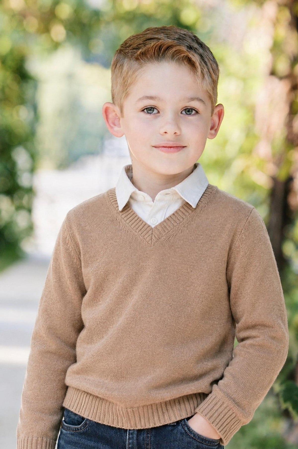 A young boy stands outdoors wearing a soft camel-colored V-neck sweater and a collared shirt. The setting features natural greenery, highlighting the cozy, timeless style of the outfit.