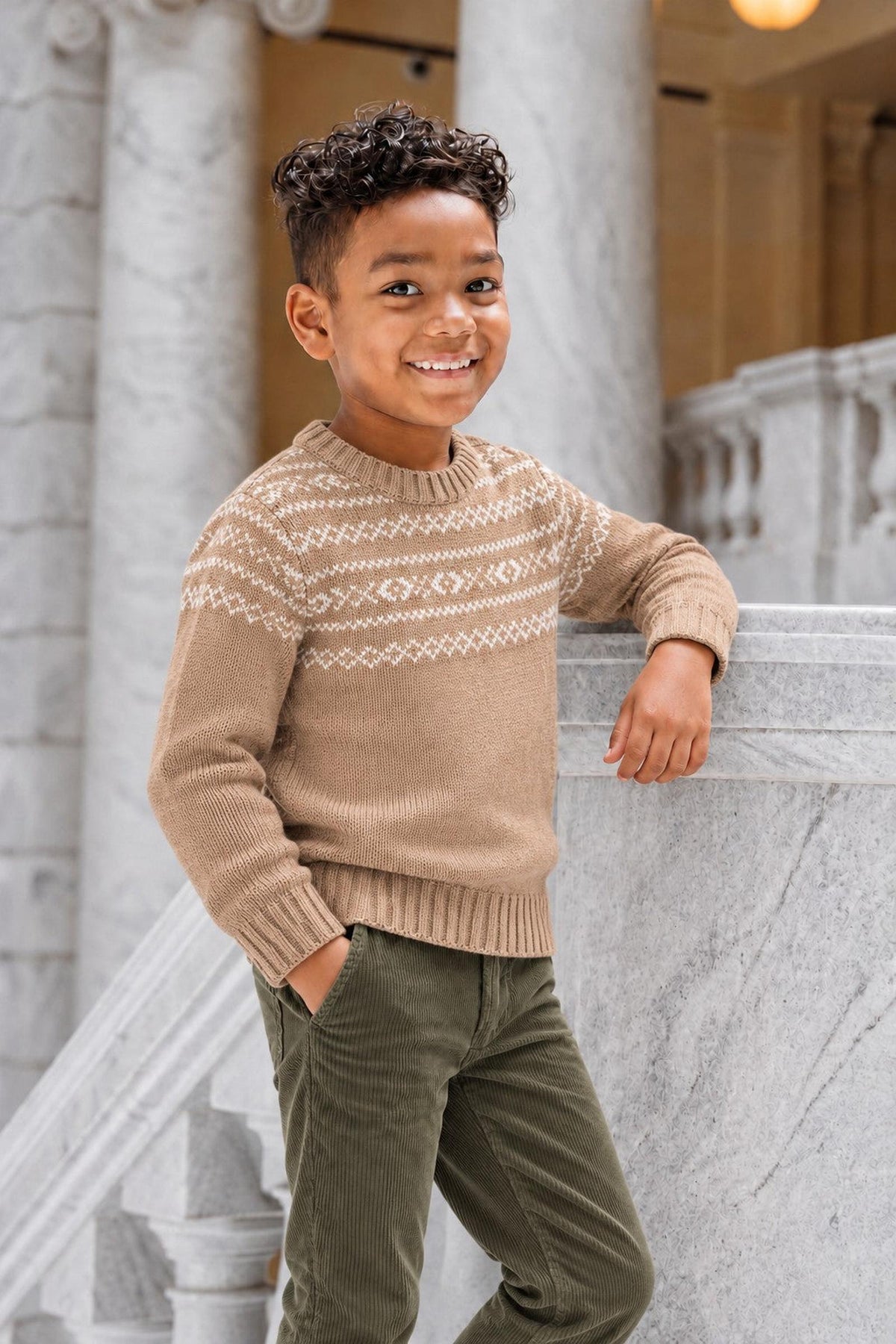 A smiling child stands by a marble staircase, wearing a camel-colored organic cotton sweater featuring a Fair Isle design.