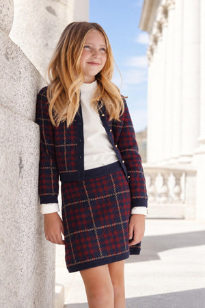 Organic Cotton Cardigan and Skirt Sweater Set, Navy Plaid, Toddler & Kids