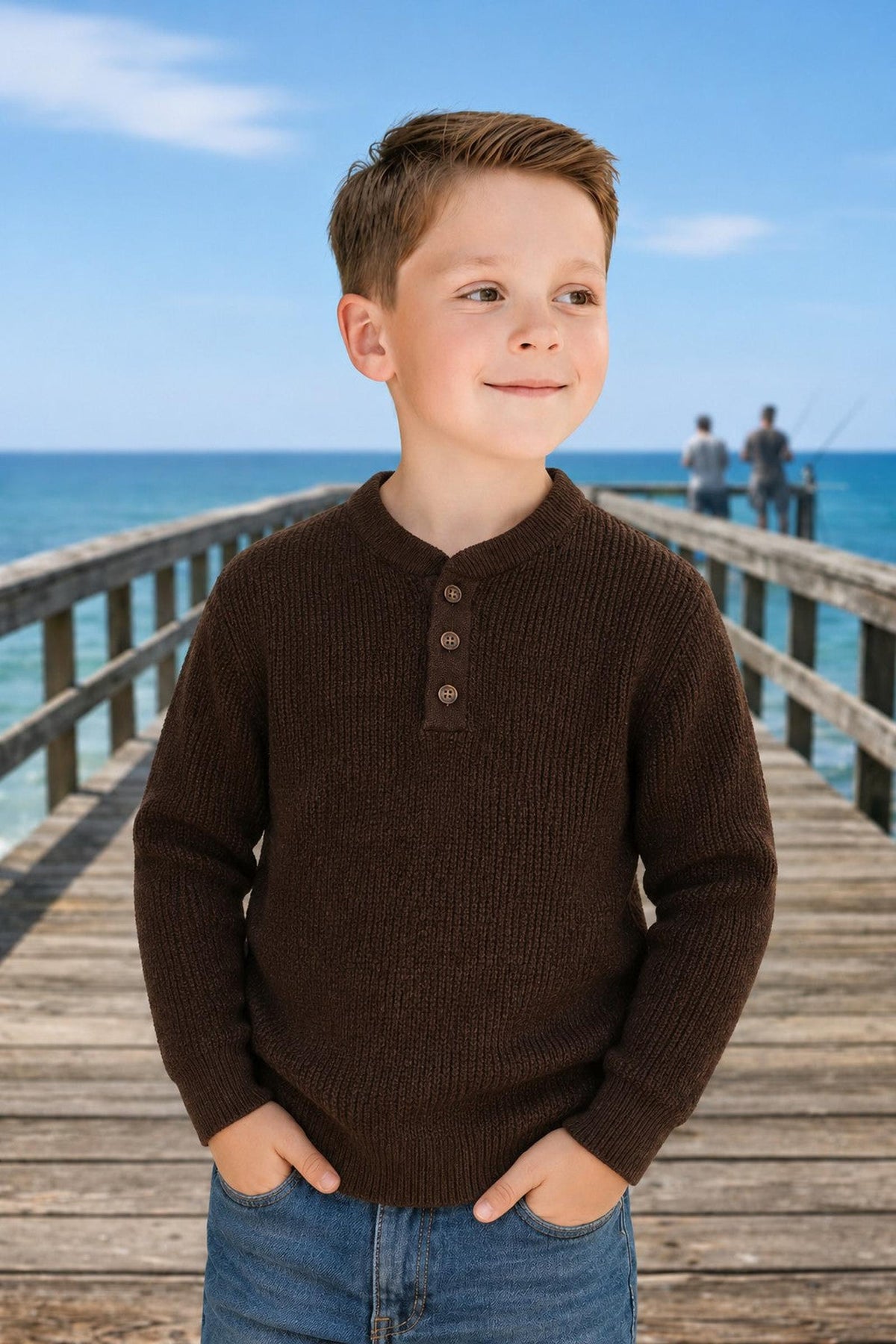 A young boy stands on a wooden pier, wearing a chocolate brown organic cotton henley sweater. The serene ocean and fishermen in the background enhance the relaxed, sporty vibe.