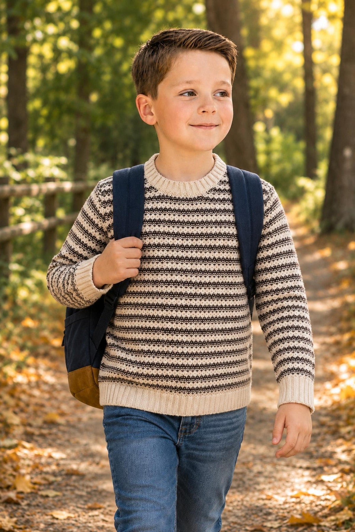 A young boy walks along a wooded path, wearing a striped crewneck sweater in chocolate and tan, paired with blue jeans and a navy backpack, showcasing a casual, sporty style.