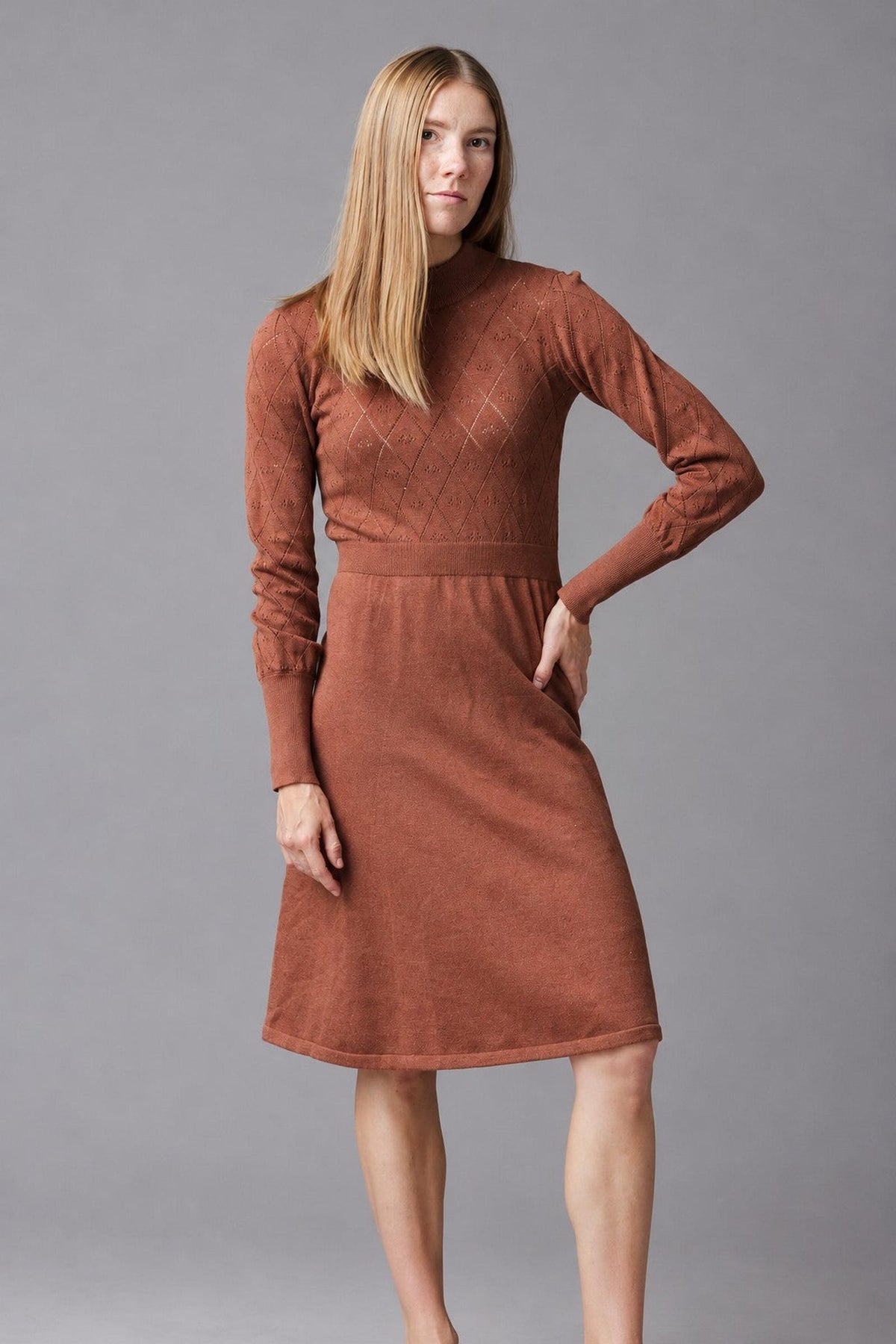 A model showcases an organic cotton sweater dress in a warm cinnamon hue. The dress features puffed sleeves and a flattering fit, accentuated by a pointelle stitch design.