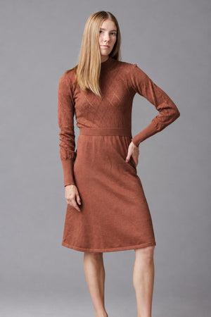 A model showcases an organic cotton sweater dress in a warm cinnamon hue. The dress features puffed sleeves and a flattering fit, accentuated by a pointelle stitch design.