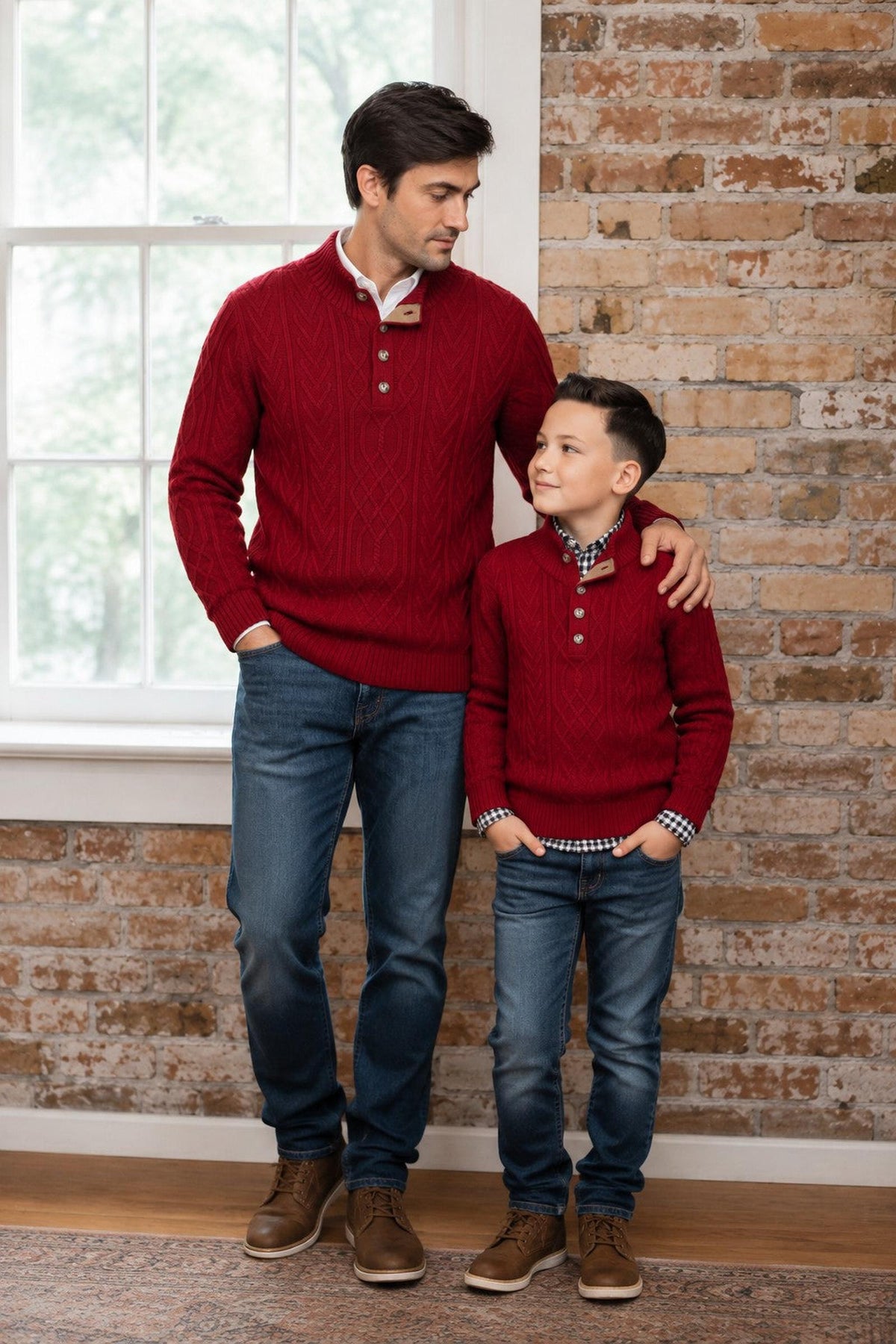 A father and son stand together in a cozy setting, both wearing matching red organic cotton mock neck cable sweaters.