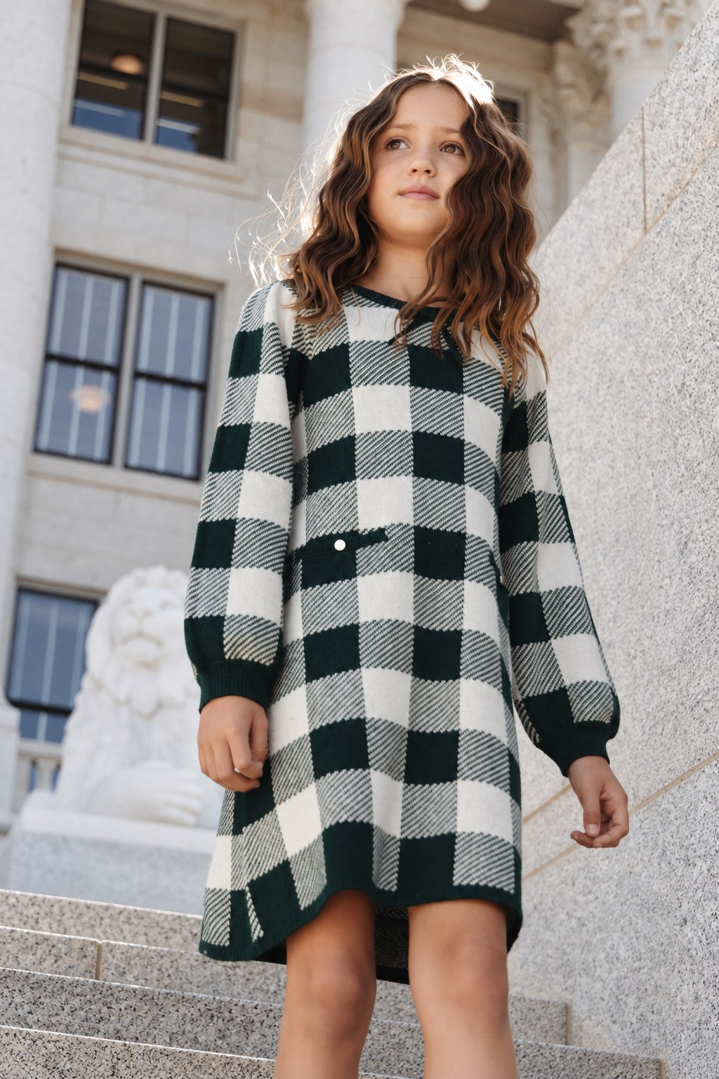 Organic Cotton Puff Sleeve Sweater Dress, Deep Green Check, Toddler & Kids