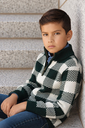 Organic Cotton Half Zip Intarsia Sweater, Deep Green Check, Sizes 2T-18