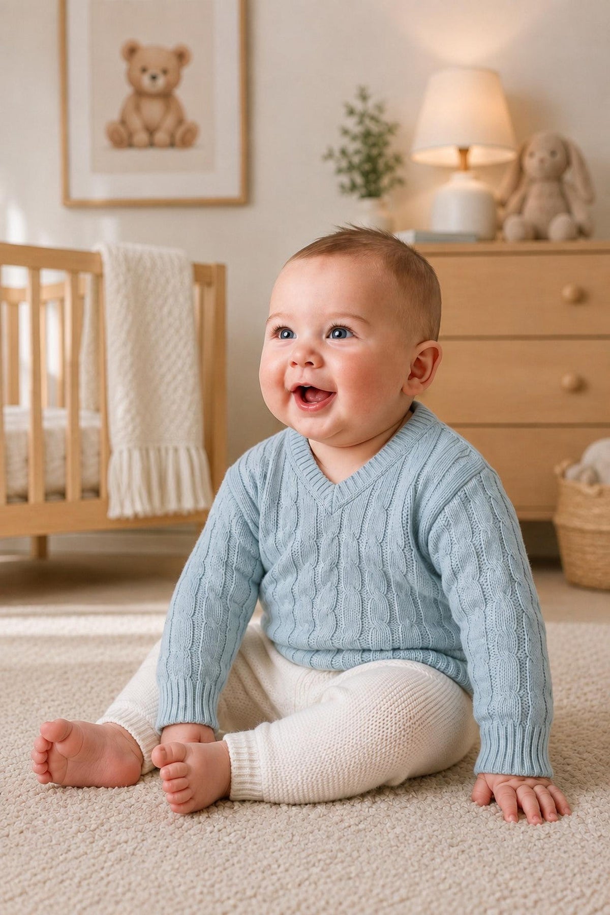 A happy baby sits on a soft rug, wearing a dusty blue organic cotton cable knit V-neck sweater. The cozy nursery features a wooden crib, warm lighting,.