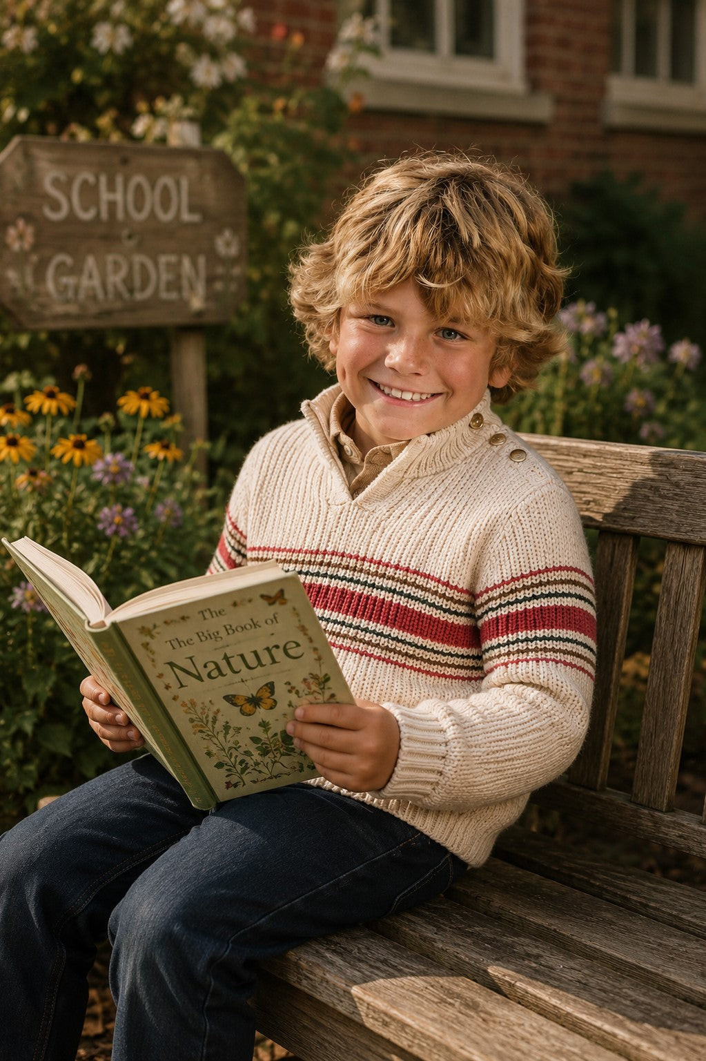 A young boy with curly hair sits on a wooden bench, smiling while reading The Big Book of Nature.