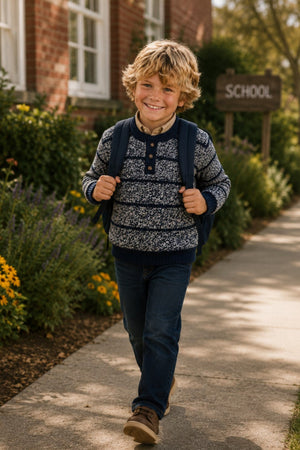 A smiling boy walks towards a school, wearing a navy organic cotton sweater with a classic henley design and faux suede elbow patches, paired with blue jeans and a backpack.