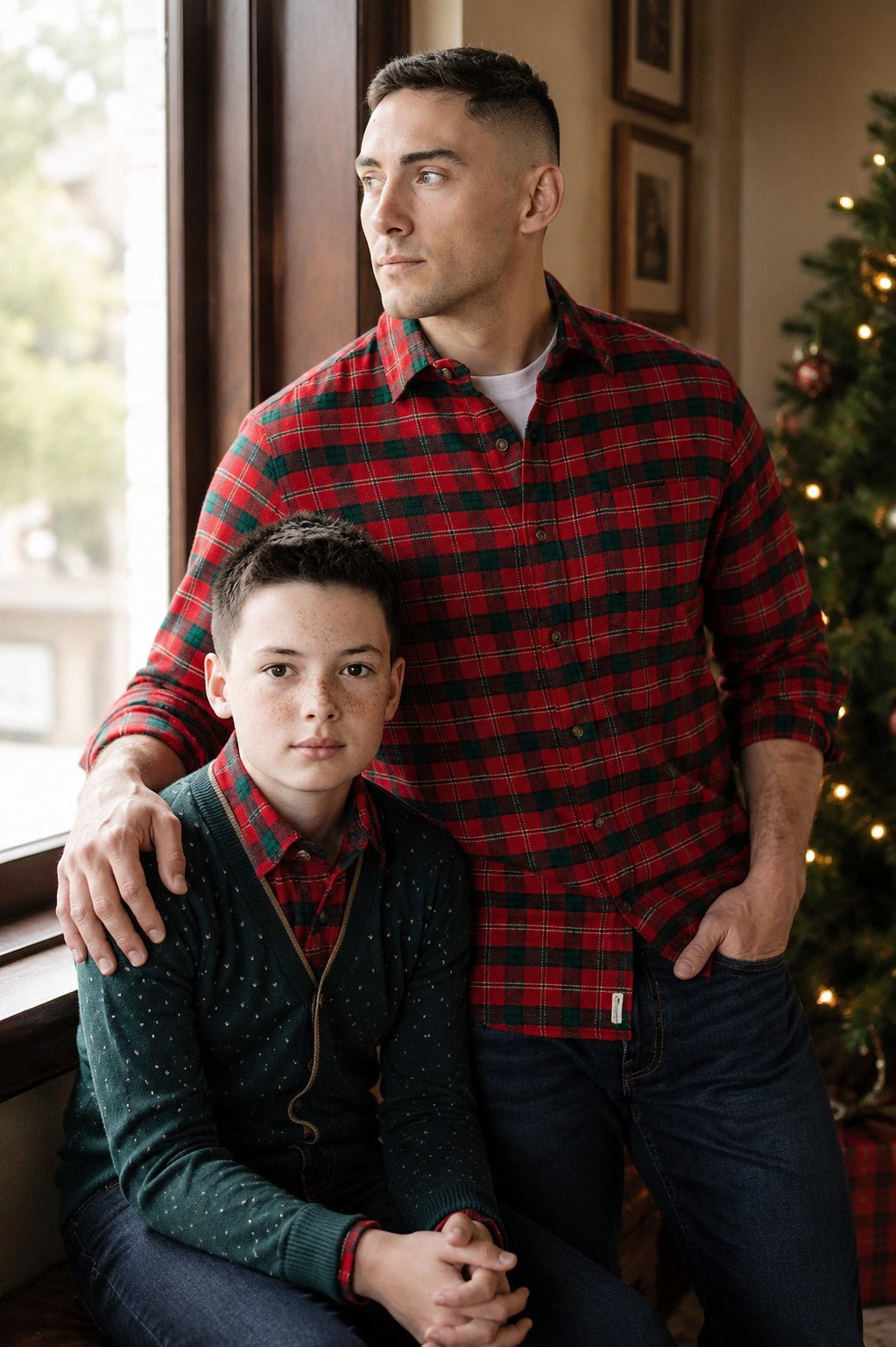 A man in a red plaid flannel shirt stands next to a boy seated in a green cardigan, both looking thoughtfully out a window by a decorated Christmas tree.