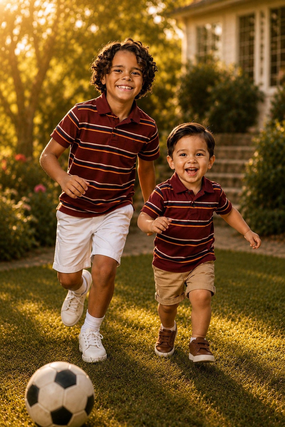 Two boys run joyfully on a grassy lawn, wearing matching oxblood striped polo shirts and shorts. The sun sets in the background, creating a warm and inviting atmosphere.