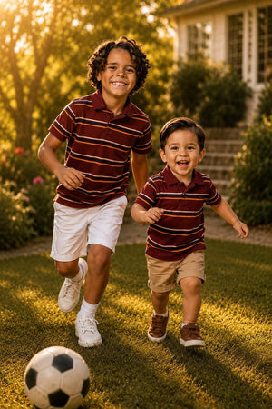 Two boys run joyfully on a grassy lawn, wearing matching oxblood striped polo shirts and shorts. The sun sets in the background, creating a warm and inviting atmosphere.