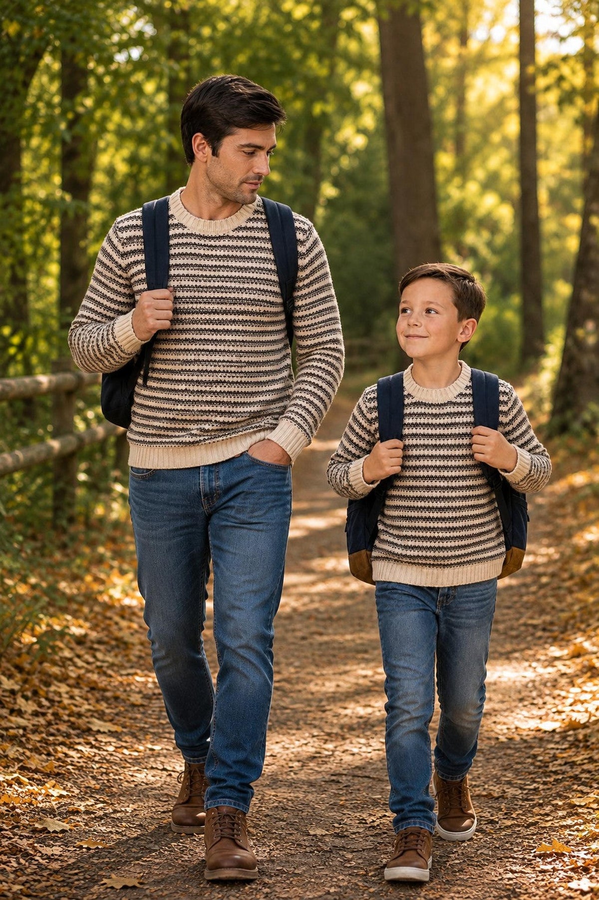 A man and a boy walk together on a forest path, both wearing matching brown and tan striped organic cotton crew neck sweaters. The setting features vibrant autumn foliage.