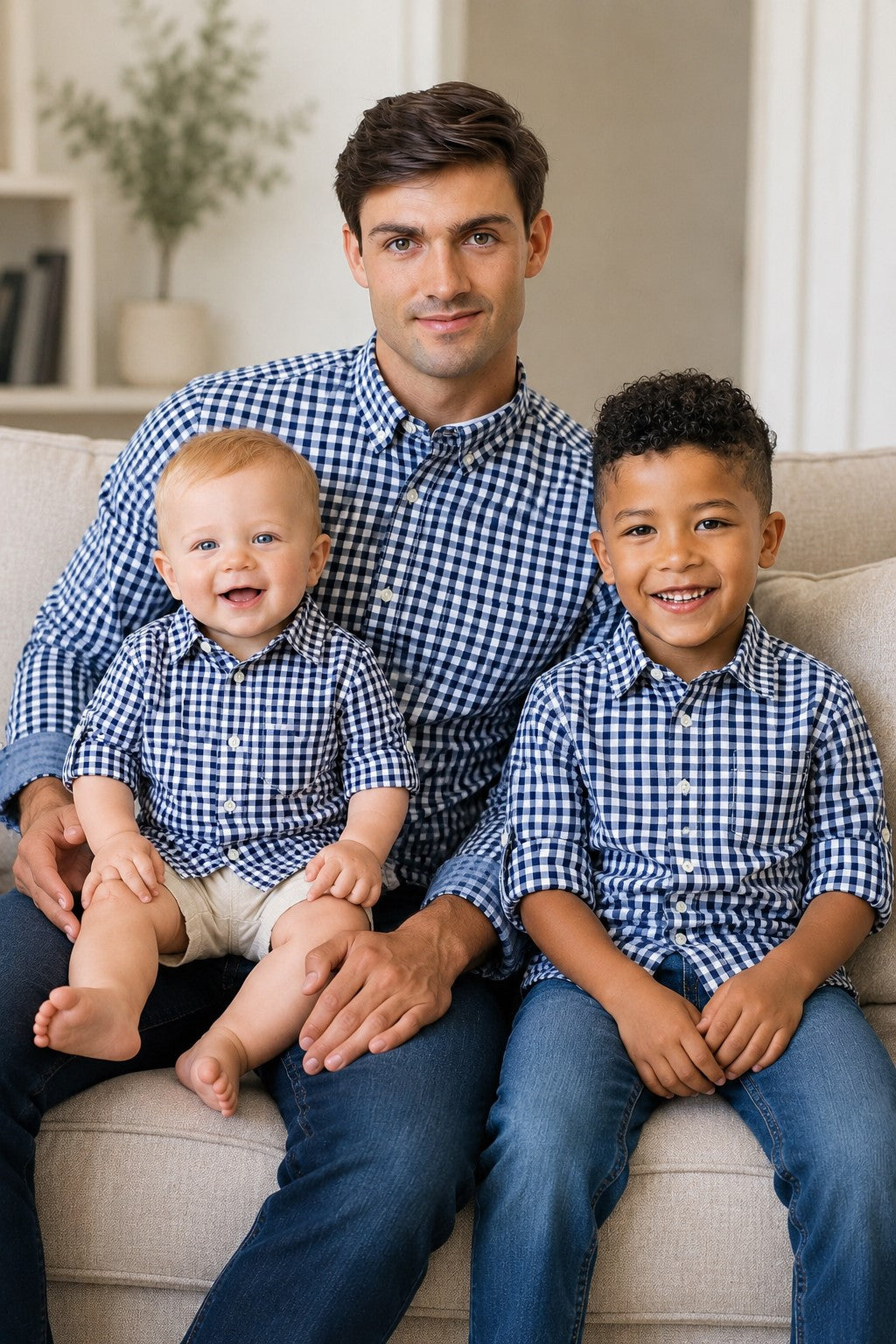 A man and two young boys sit on a beige sofa, all wearing matching navy gingham button-down shirts. The setting features a bright, airy room with soft decor elements.