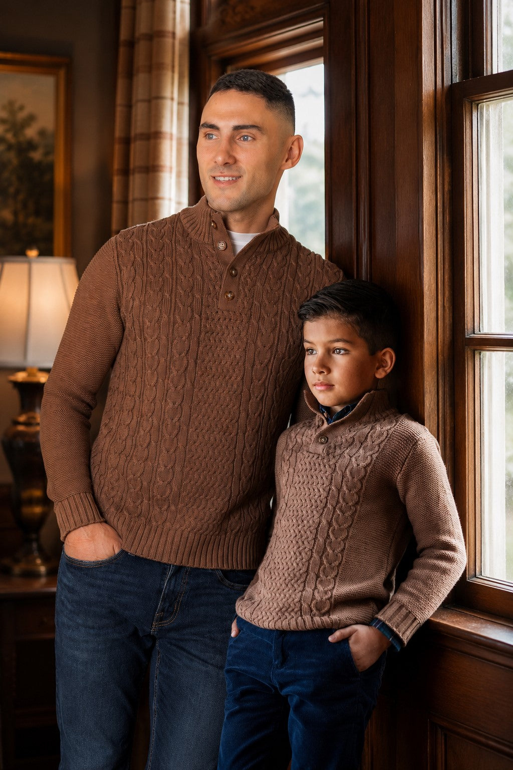 A man and a boy stand together by a window, both wearing matching cable-knit sweaters in a warm cinnamon hue. The cozy setting features wooden accents and soft lighting.
