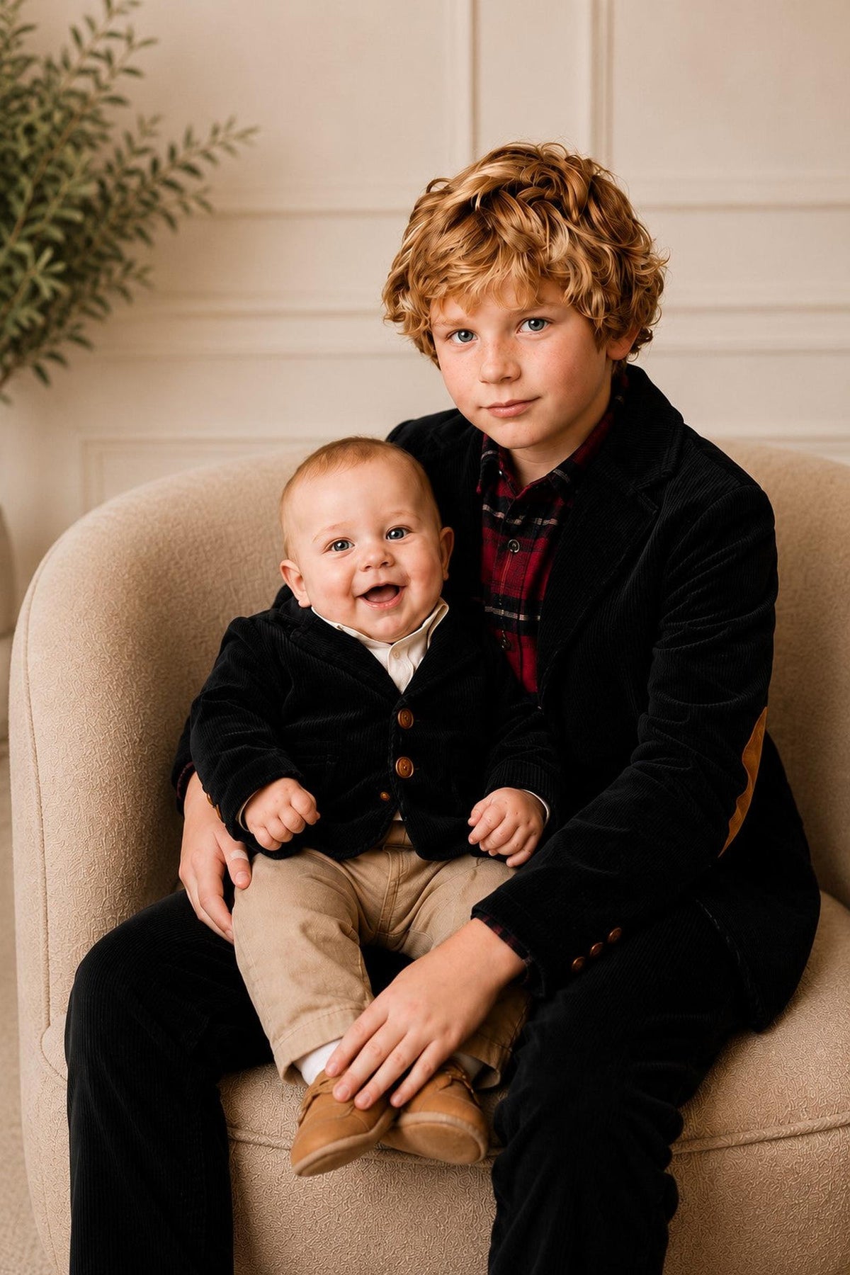 Two children sit together on a cozy beige chair, both wearing stylish black corduroy blazers.