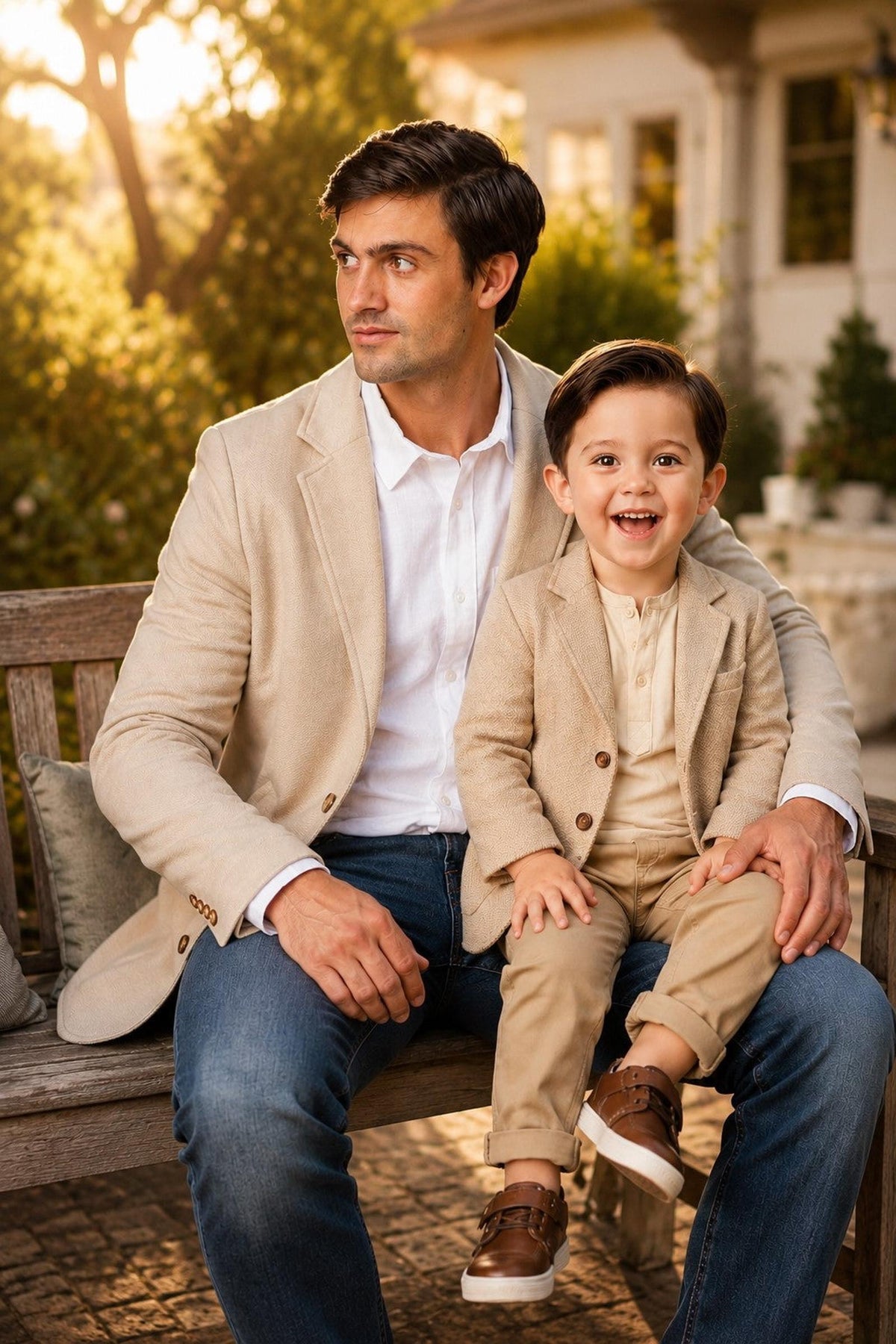 A man and a young boy sit together on a wooden bench, both wearing matching taupe blazers.