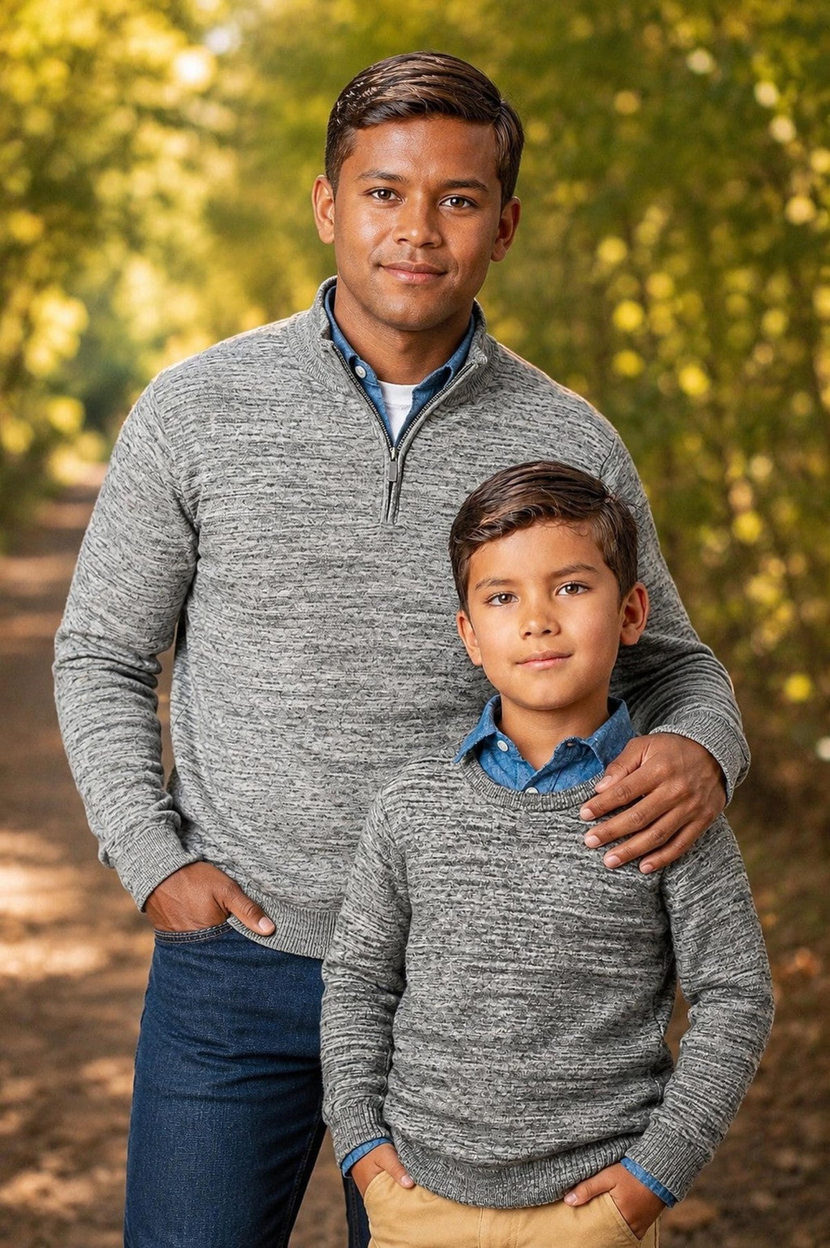 A man and a boy stand outdoors in a wooded area, both wearing matching gray organic cotton half-zip pullovers. The setting features dappled sunlight filtering through the trees.