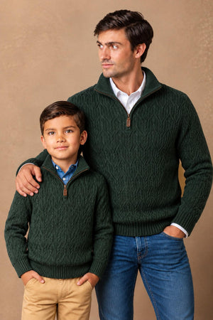 Organic Cotton Half Zip Cable Sweater, Forest Green, Boys, Sizes 2T-18, Family Matching