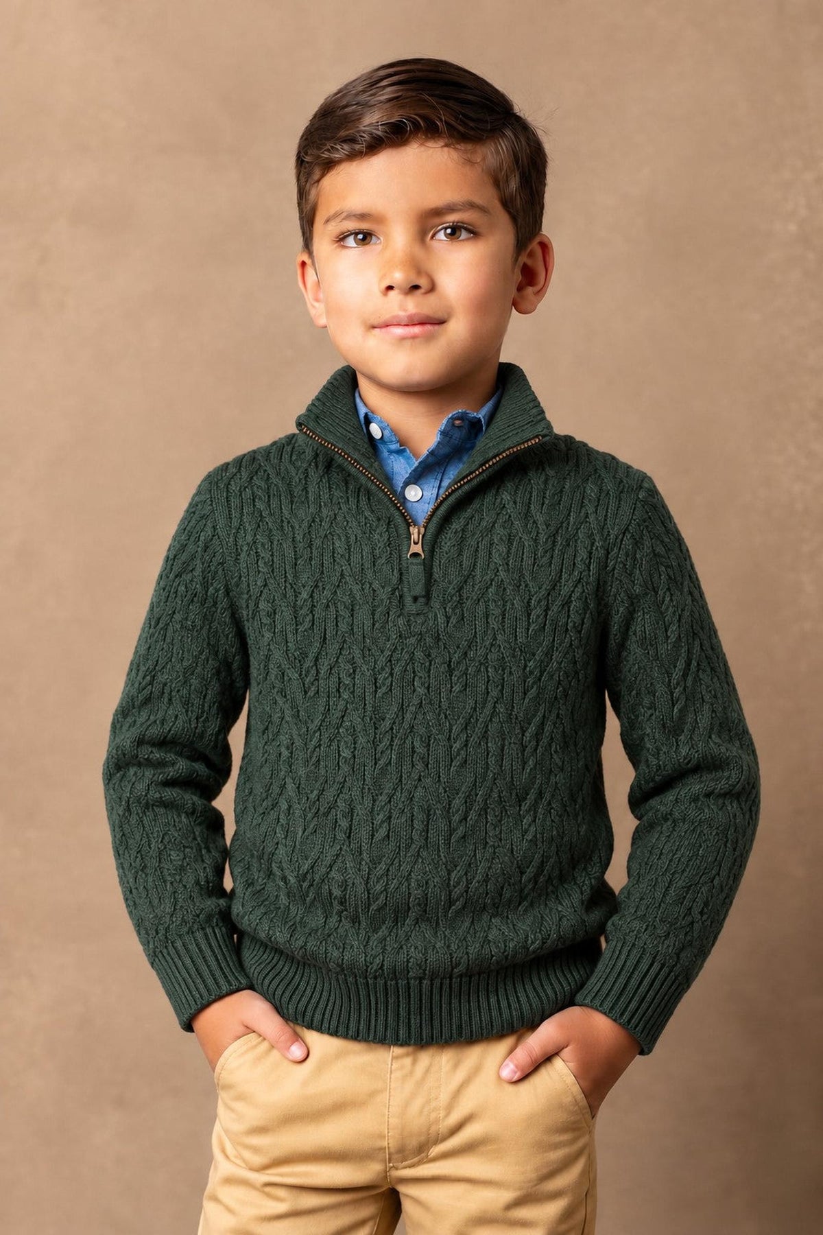 Organic Cotton Half Zip Cable Sweater, Forest Green, Boys, Sizes 2T-18, Family Matching