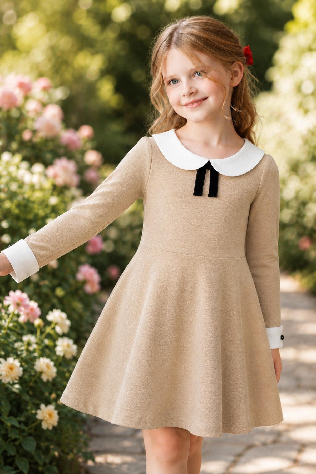 A young girl in a camel-colored dress with a white Peter Pan collar and black velvet bow stands among blooming flowers.