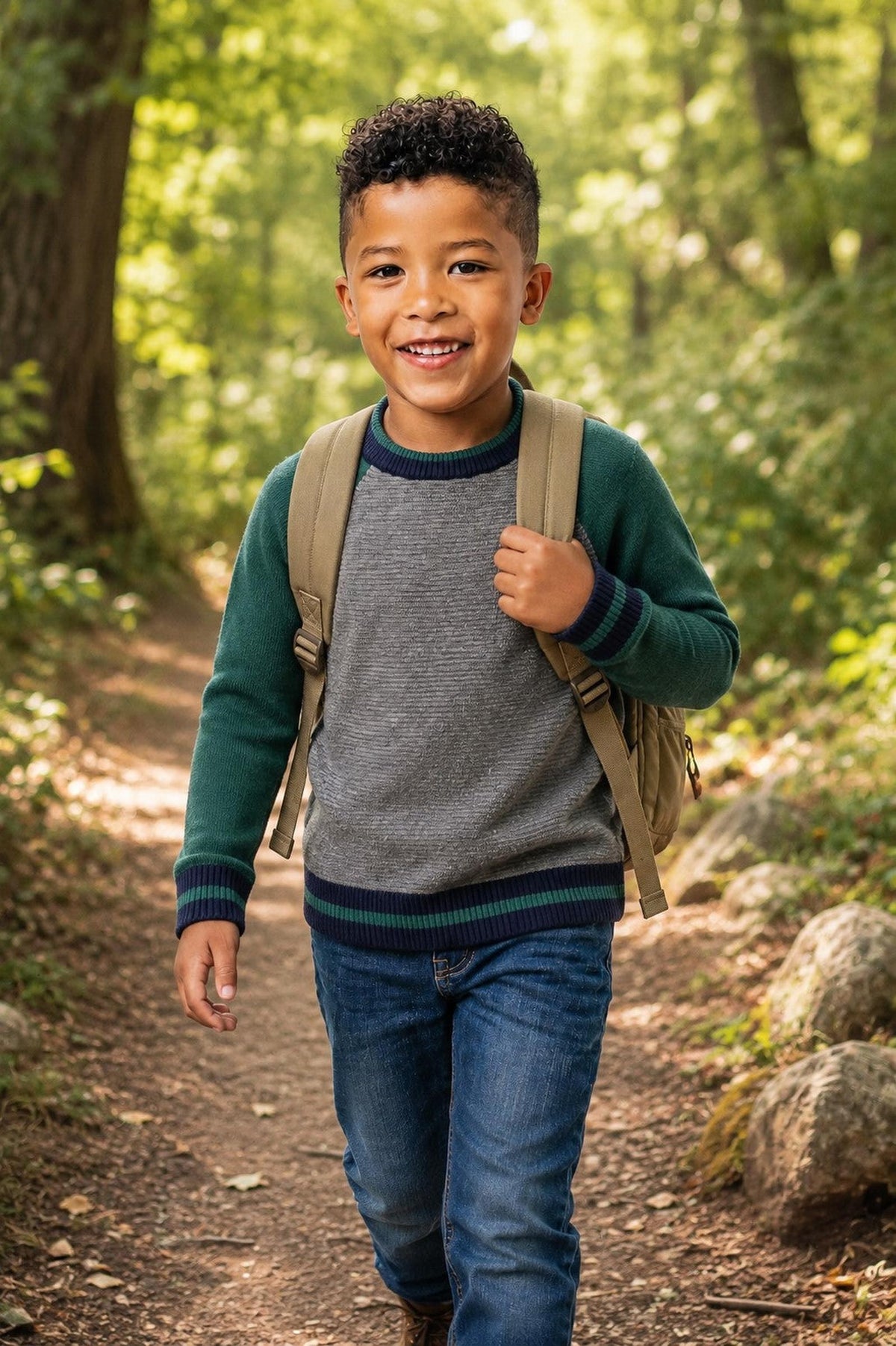 A young boy is walking along a forest path, wearing a gray and green organic cotton raglan sweater. He carries a beige backpack and smiles happily amidst the greenery.