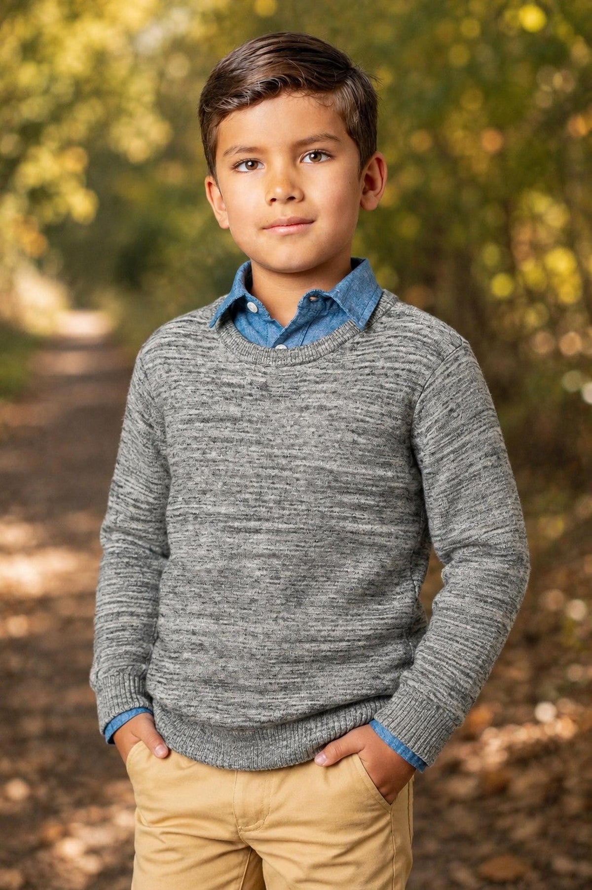 A young boy stands confidently in a gray crewneck sweater, layered over a blue collared shirt, against a blurred natural backdrop of trees and foliage.