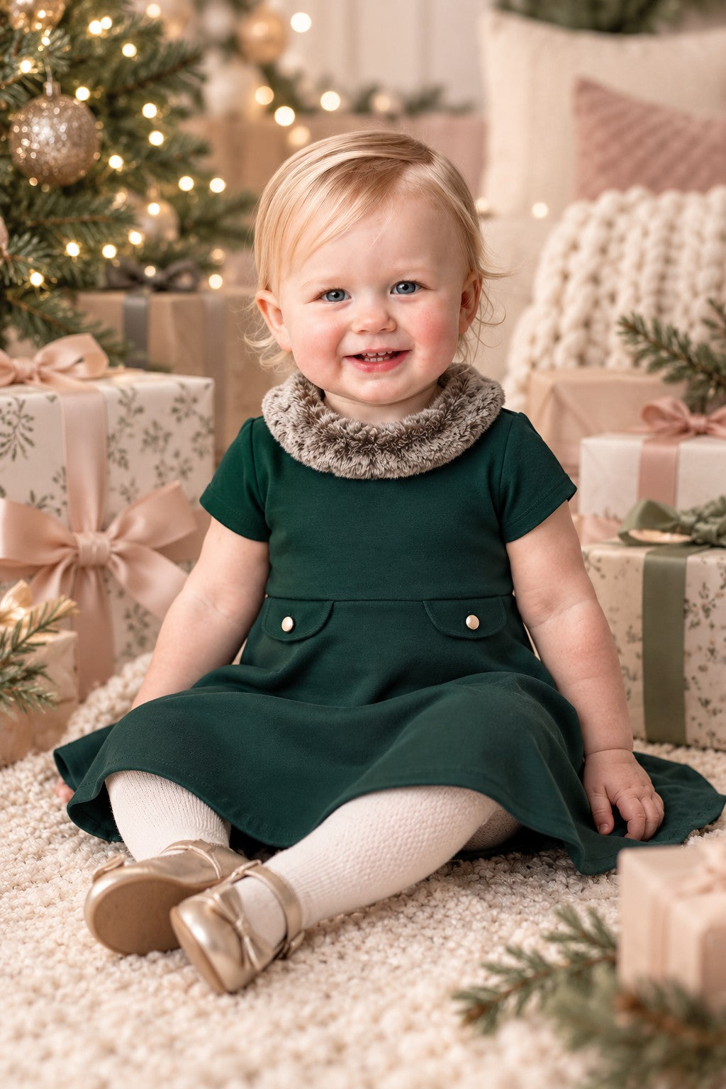 Organic Cotton Fit and Flare Ponte Baby Dress with Faux Fur, Green