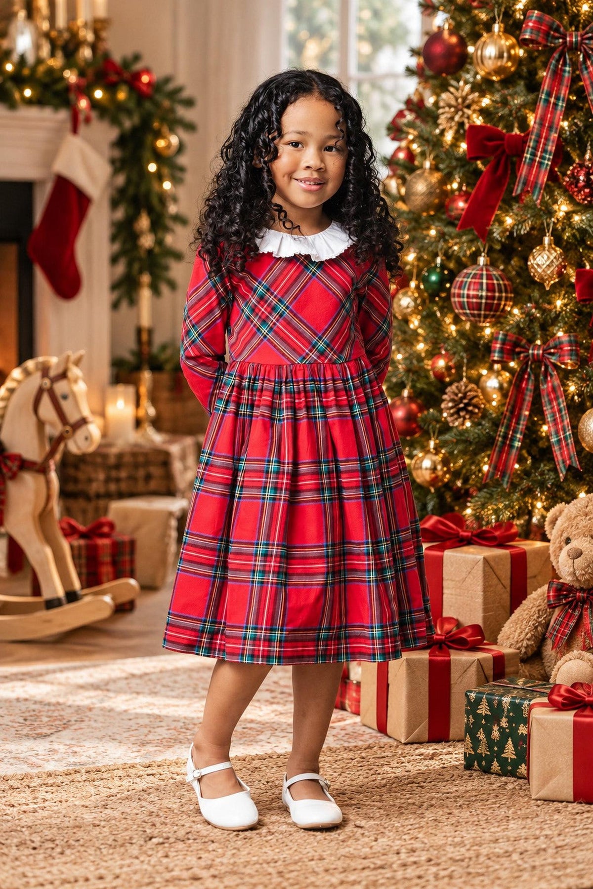 Organic Cotton Ruffle Collar Party Dress, Red Holiday Tartan, Toddler & Kids, Family Matching