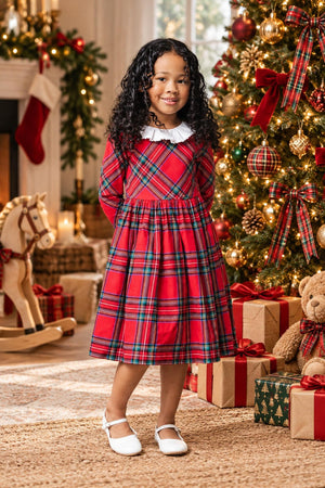 Organic Cotton Ruffle Collar Party Dress, Red Holiday Tartan, Toddler & Kids, Family Matching