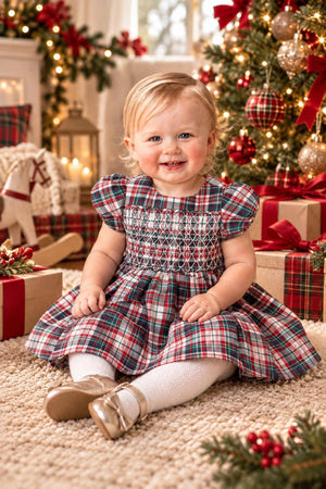 Organic Cotton Smocked Puff Sleeve Baby Dress, Holiday Tartan, Family Matching
