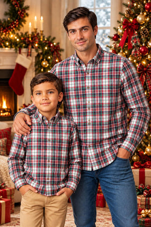 Organic Cotton Stretch Poplin Shirt, Holiday Tartan, Men, Family Matching