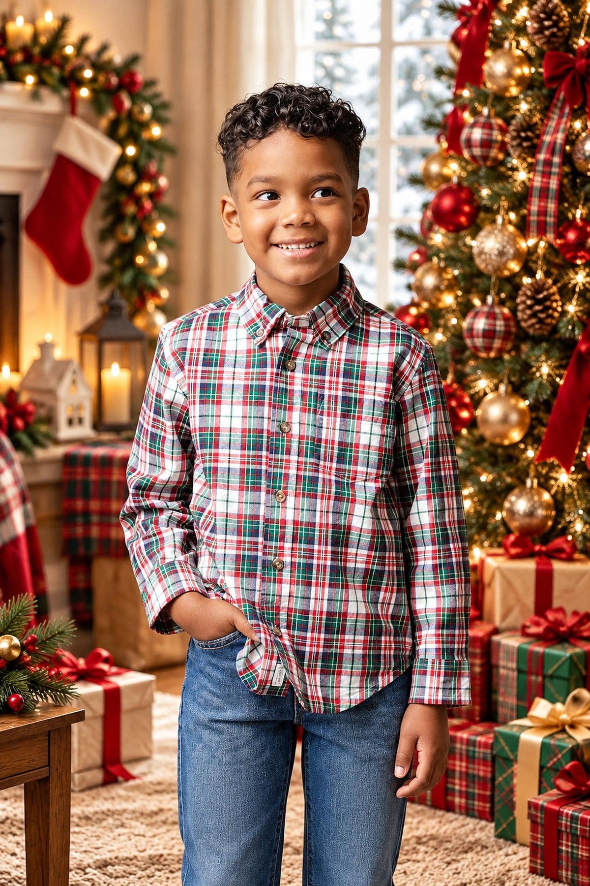 Organic Cotton Stretch Poplin Shirt, Holiday Tartan, Sizes 2T-18, Family Matching