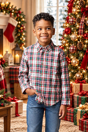 Organic Cotton Stretch Poplin Shirt, Holiday Tartan, Sizes 2T-18, Family Matching