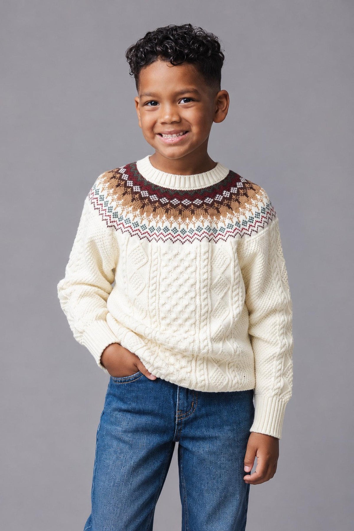 A smiling child wears an ivory cable-knit sweater featuring a fair isle design in brown and burgundy. The cozy pullover is made from soft organic cotton, perfect for ages 2T-18.